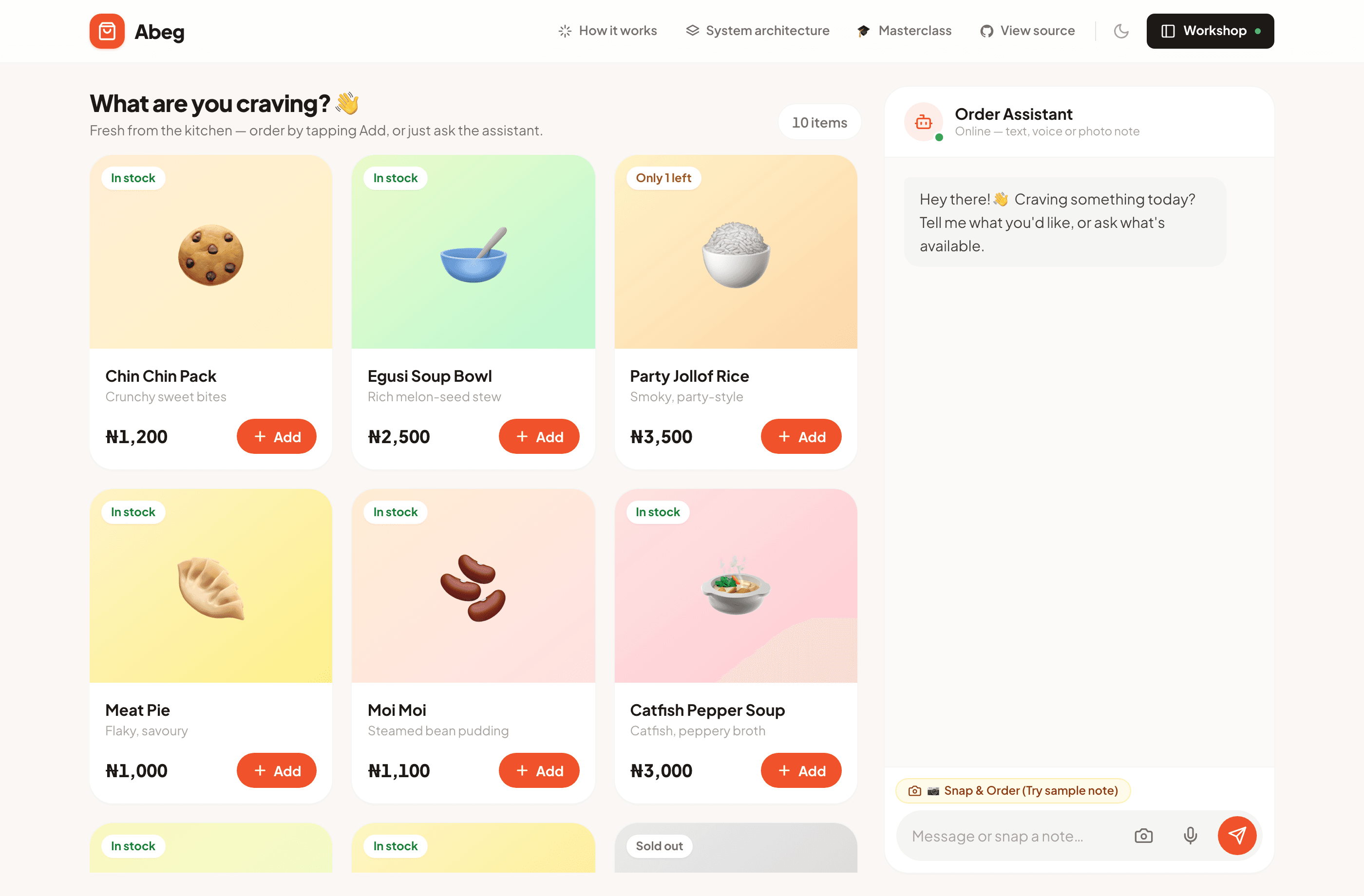 The Abeg app: a food menu grid beside an order assistant that supports text, voice and photo notes